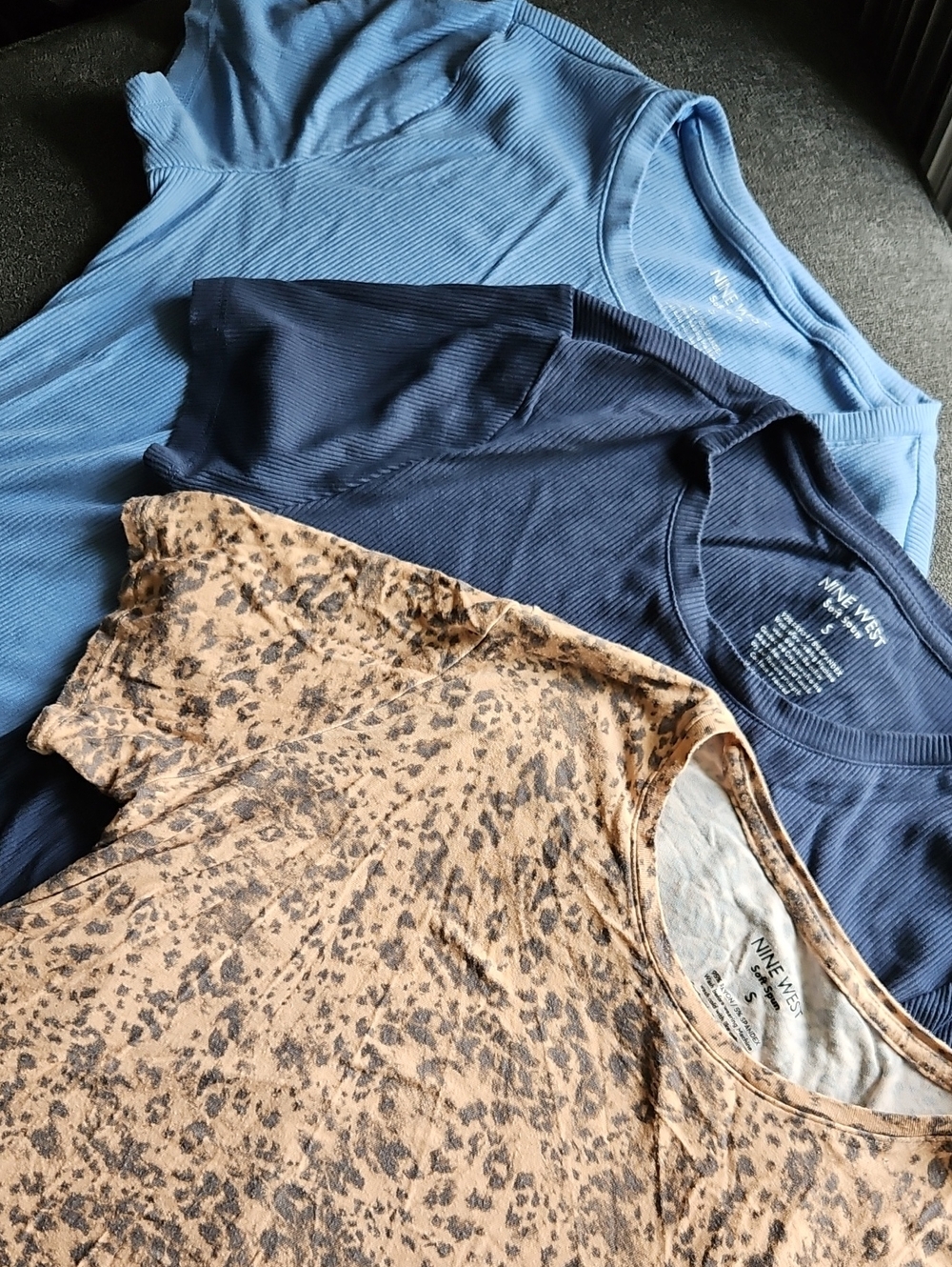 Nine West Soft Spun Short Sleeve T-Shirt Bundle Blue Rib Leopard Print S